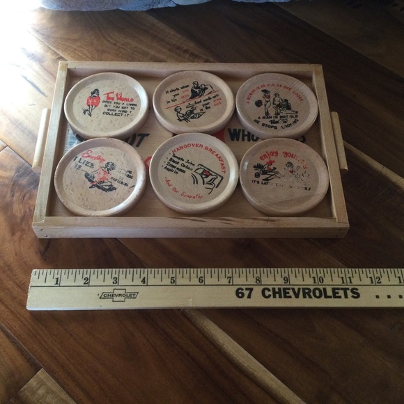✔️Vintage 6 Coasters w/ Wood Tray Retro Drinking Jokes Humor Prints MCM - Picture 2 of 10